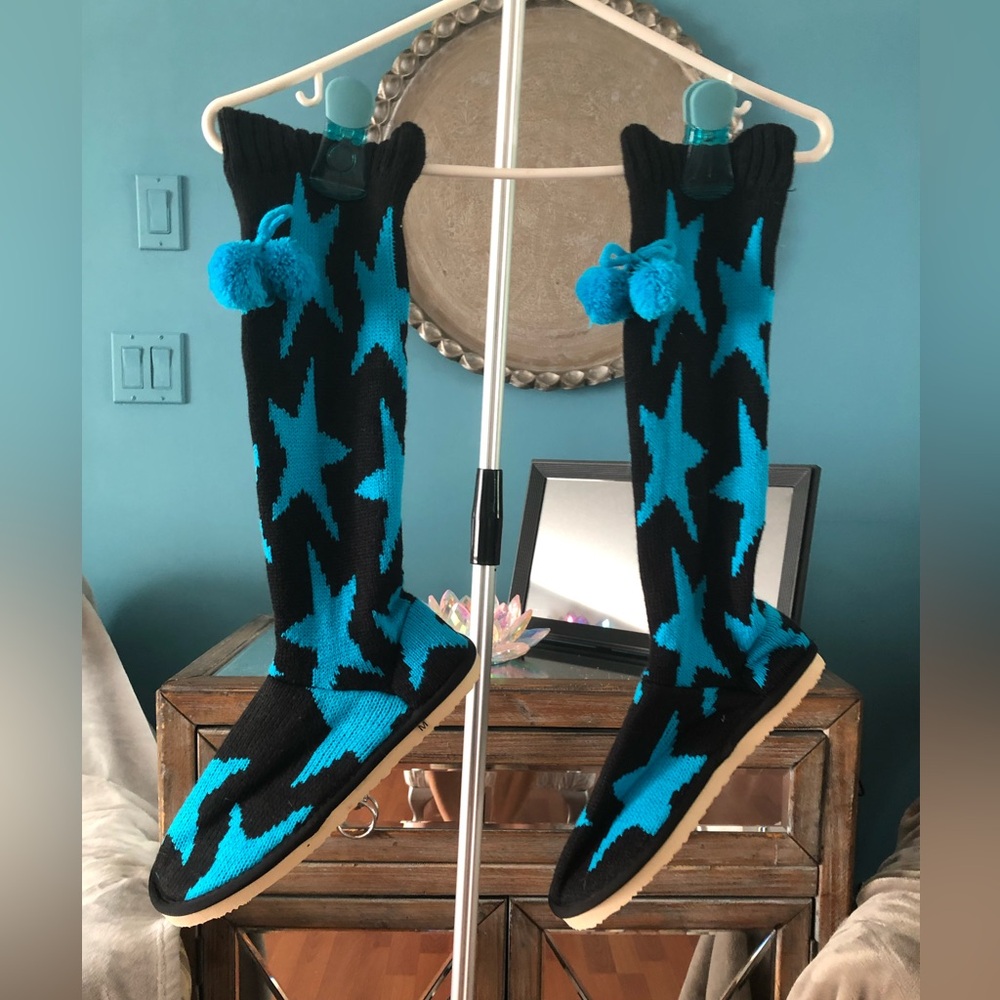 Blue and black slippers